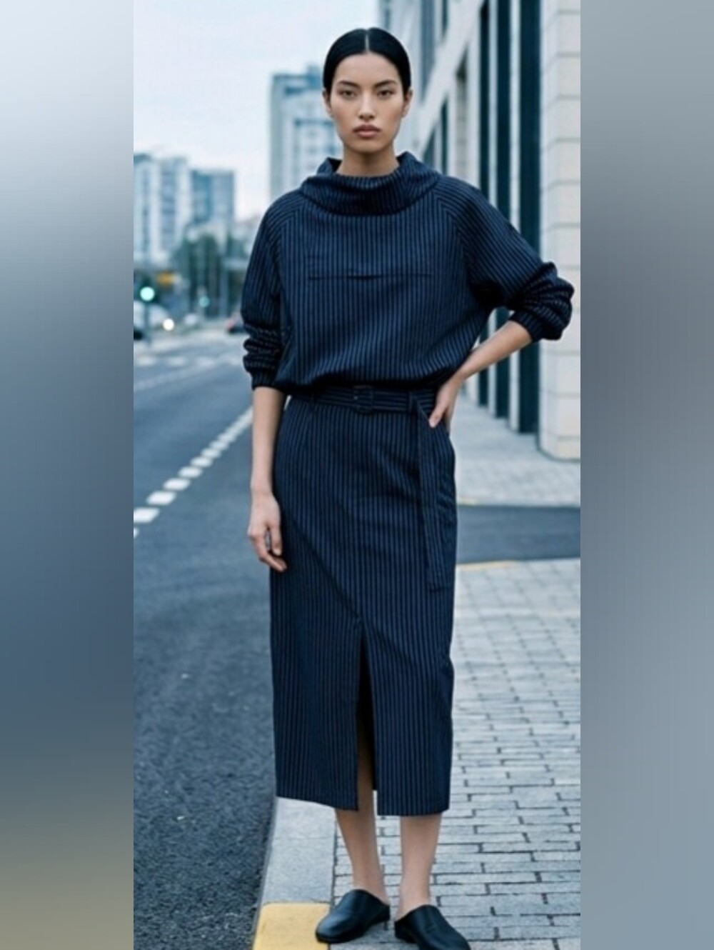 SET Uniqlo :C Women's Hooded Pullover Top & Skirt in striped navy